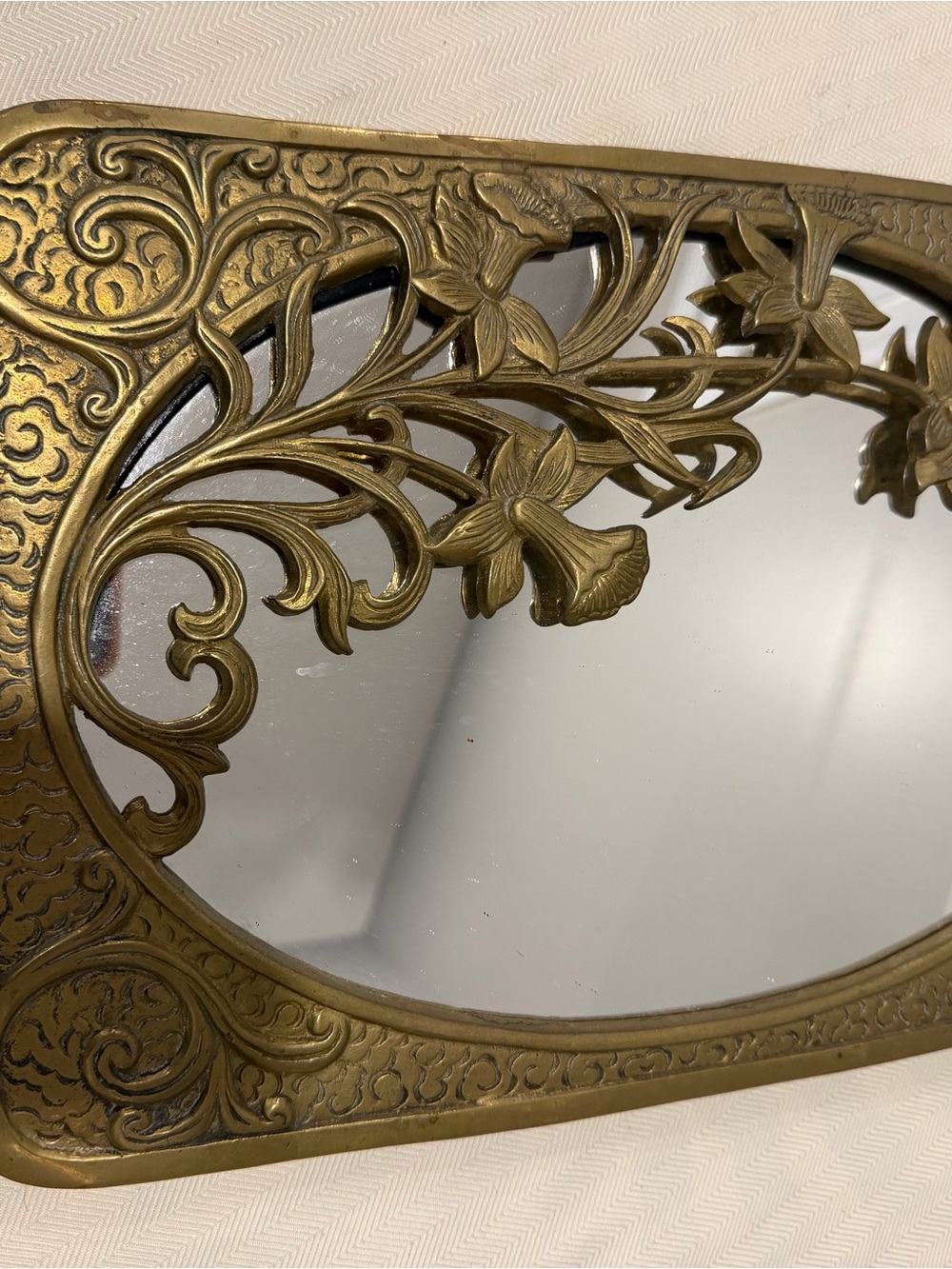 Vintage Stunning Rare Art Nouveau Brass Daffodil Floral Mirror - Picture 2 of 12